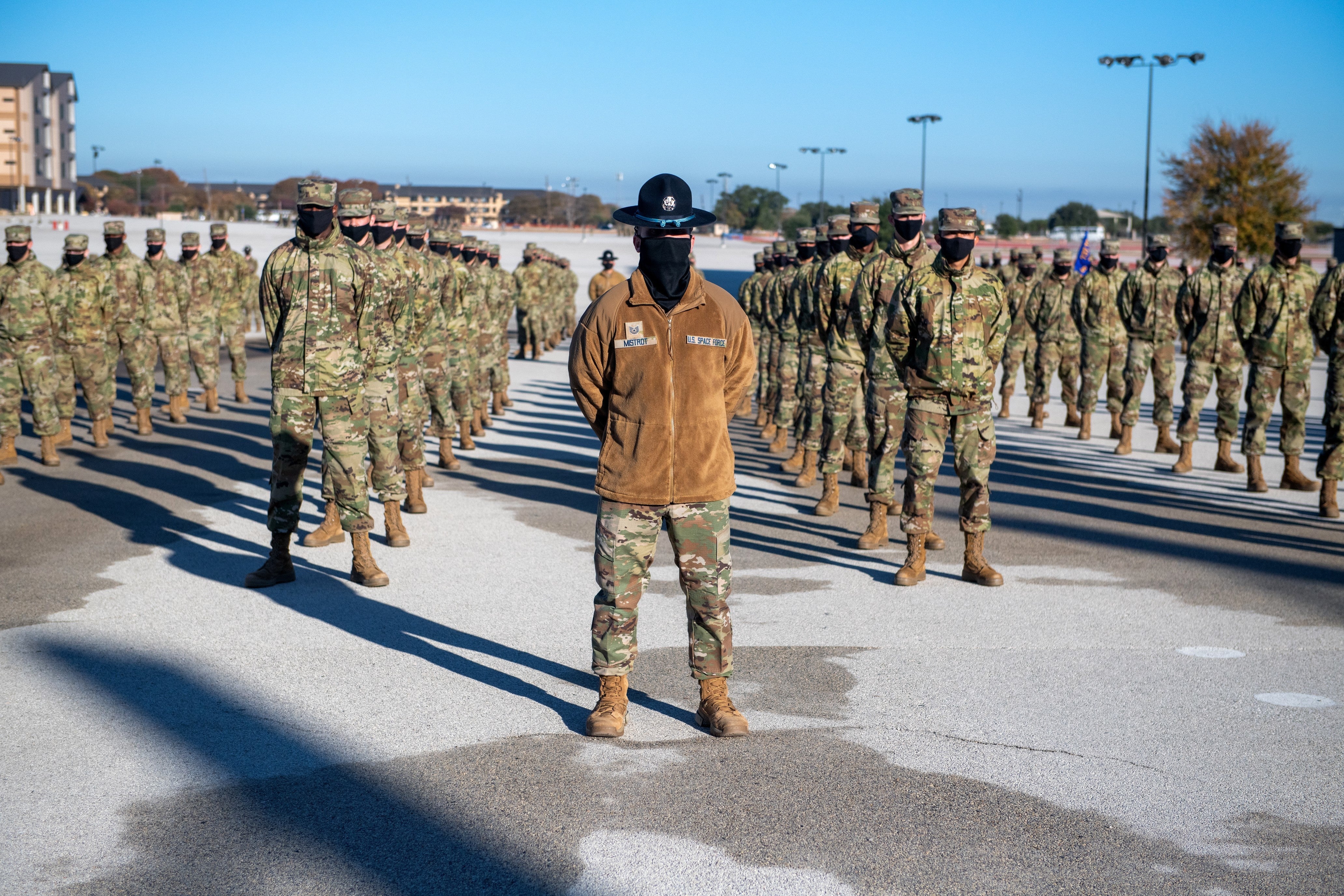 A Space Force military training instructor standing in front of his troops during a 2020 graduation ceremony held in San Antonio-Lackland, Texas.  (Photo: U.S. Space Force)