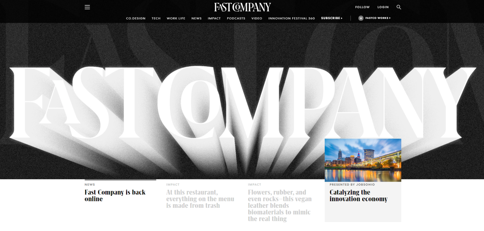 The news outlet announced its return loud and proud on its homepage.  (Screenshot: Gizmodo / Fast Company)