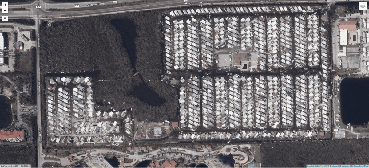 Mobile home parks around southwest Florida were heavily damaged by the storm. (Gif: Gizmodo / NOAA)