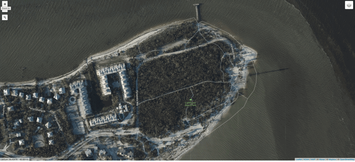 Much of the sandy beach near Sanibel Island Lighthouse was washed away in the storm. (Gif: Gizmodo / NOAA)