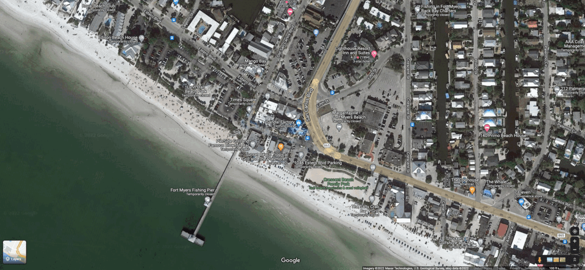 Fort Myers Fishing Pier is a skeleton of its former self after the storm.  (Gif: Gizmodo / NOAA / Google Maps)