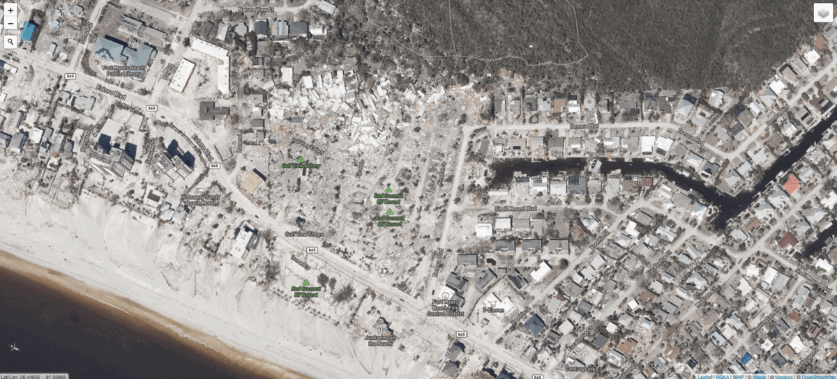 Red Coconut RV Resort in Fort Myers Beach pictured before and after the storm. The small community and vacation destination was destroyed by Ian — trailers were left toppled and smashed, forced into a pile by wind and floodwaters. (Gif: Gizmodo / NOAA)