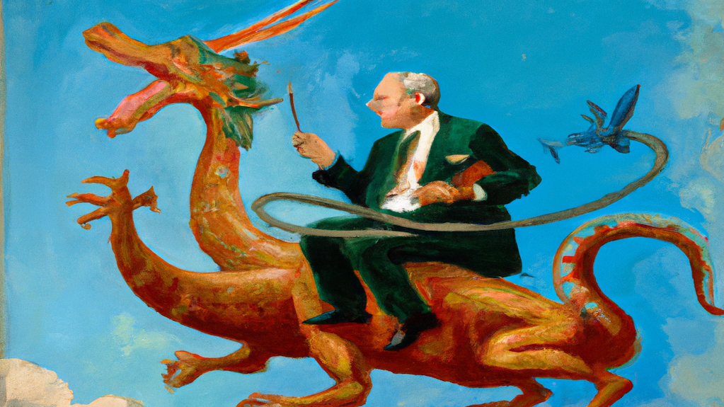 Richard Nixon astride a dragon, sort of.  (Image: Dall E)