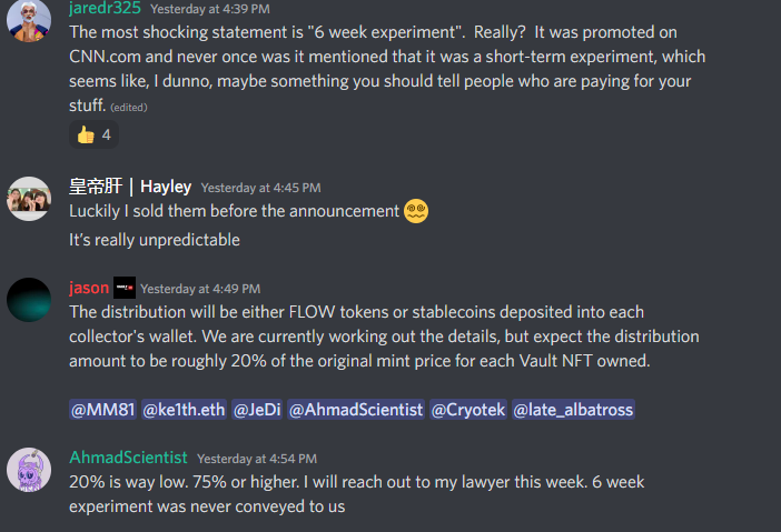 Messages on the Vault Discord server mentioned how CNN plans to compensate users, but the crypto bros weren't exactly happy with CNN discontinuing support. (Screenshot: CNN Vault/Discord)