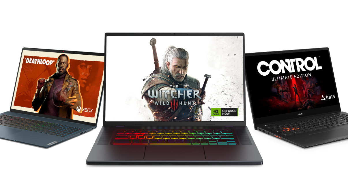These three new laptops from Lenovo (left), Acer (middle), and Asus (right) have been tuned for cloud gaming on ChromeOS.  (Image: Google)