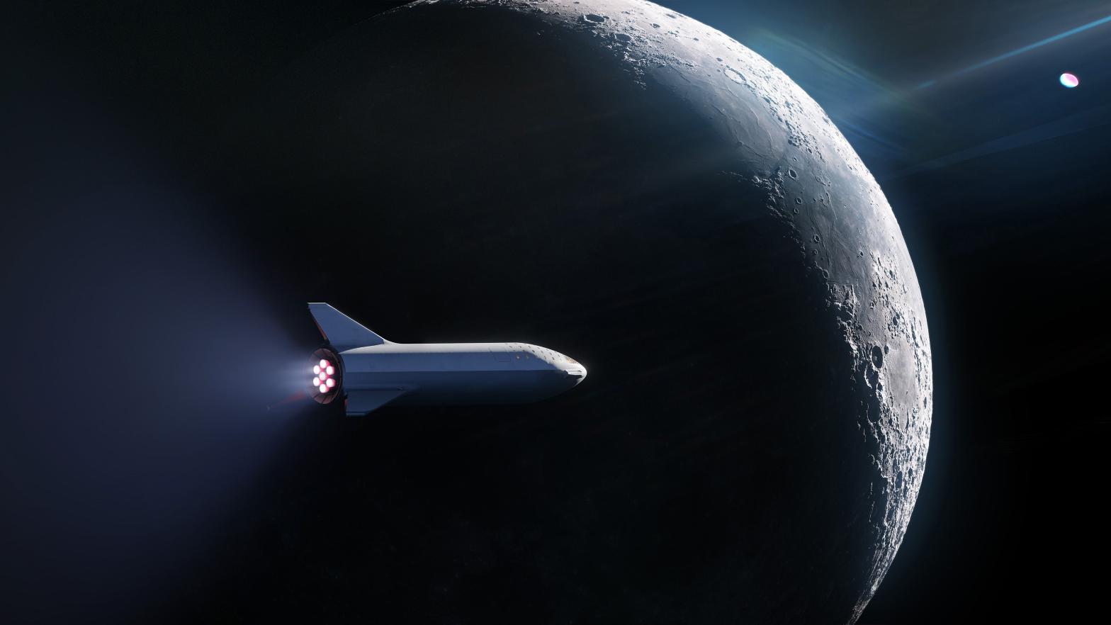 Artist's conception of a Starship spacecraft passing by the Moon. (Image: SpaceX)