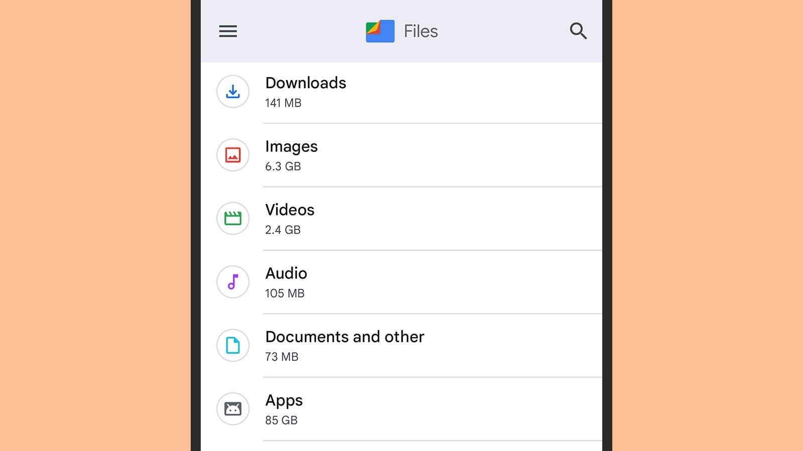 Files are organised by type. (Screenshot: Google Files)