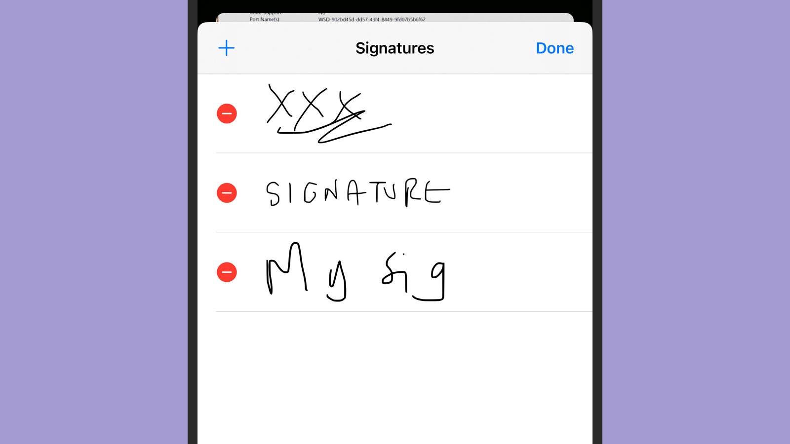 You can manage multiple signatures on your iPhone. (Screenshot: Apple Files)