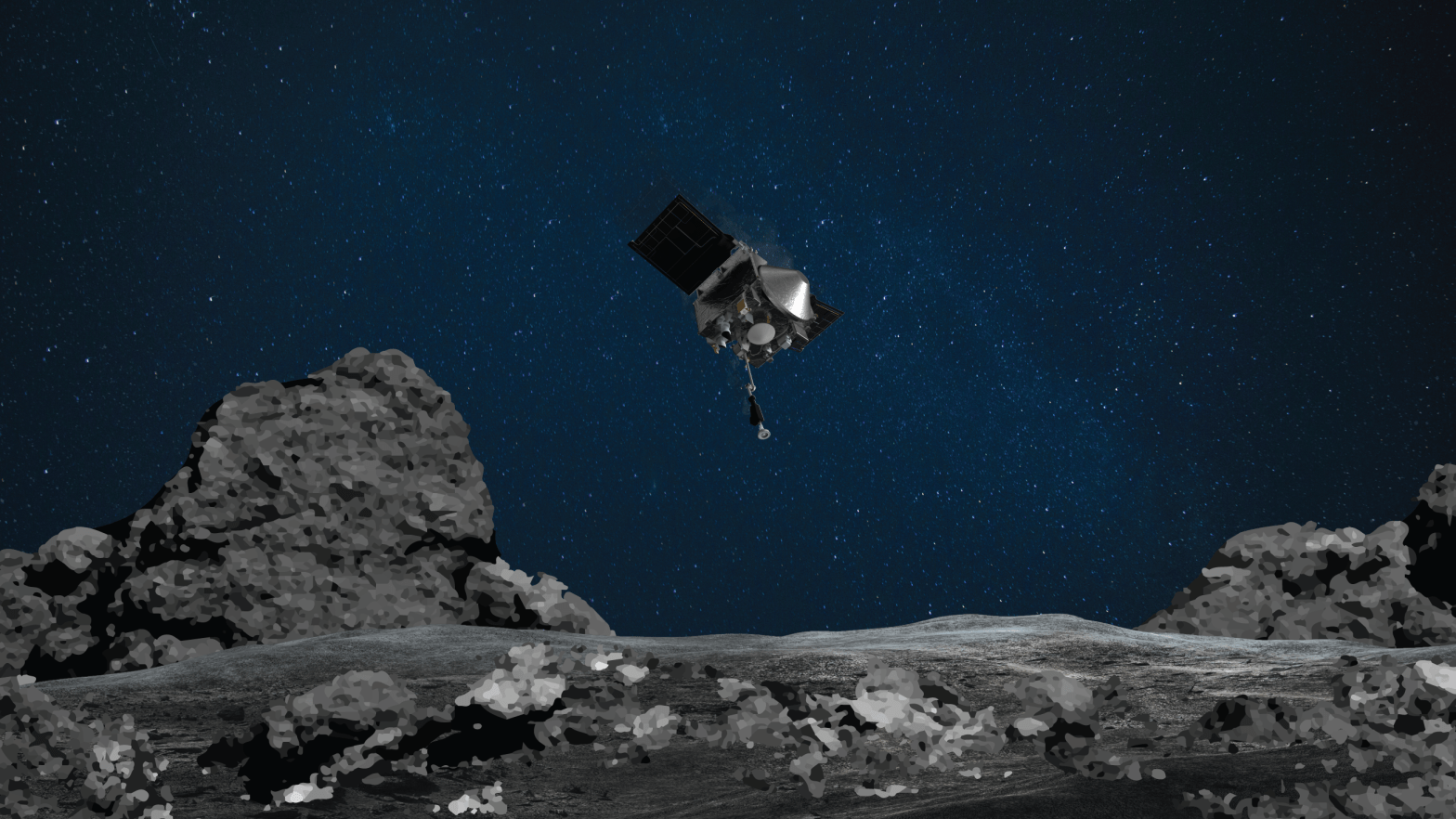 An illustration of the OSIRIS-REx spacecraft touching down on asteroid Bennu. (Illustration: NASA)