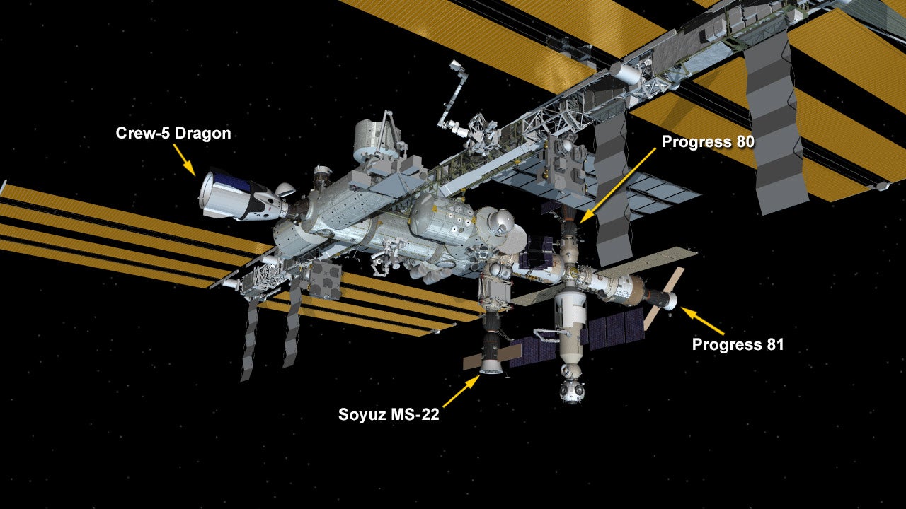 A graphic showing the ISS configuration as it appeared on October 14, 2022.  (Image: NASA)
