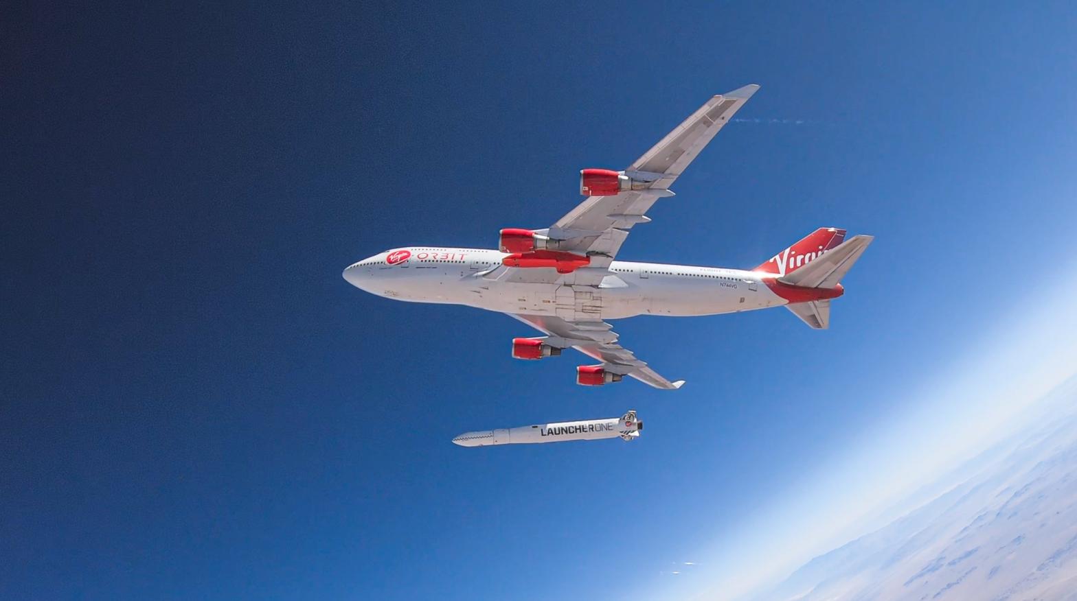 Release of the LauncherOne rocket from a Boeing 747 during a July 2019 drop test. (Photo: Virgin Orbit)