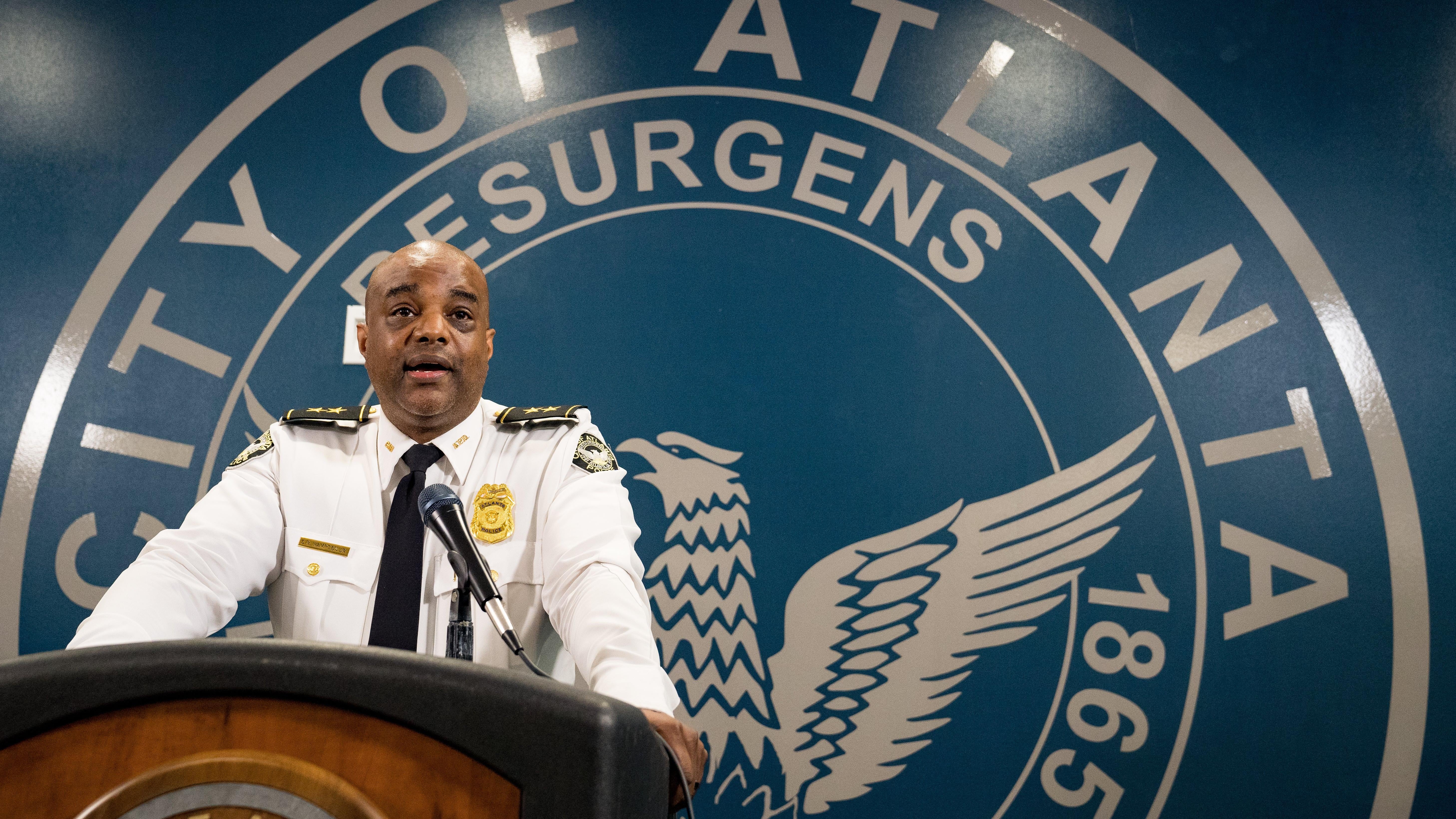 Atlanta Deputy Police Chief Charles Hampton Jr. speaks at a press conference.  (Photo: Megan Varner, Getty Images)