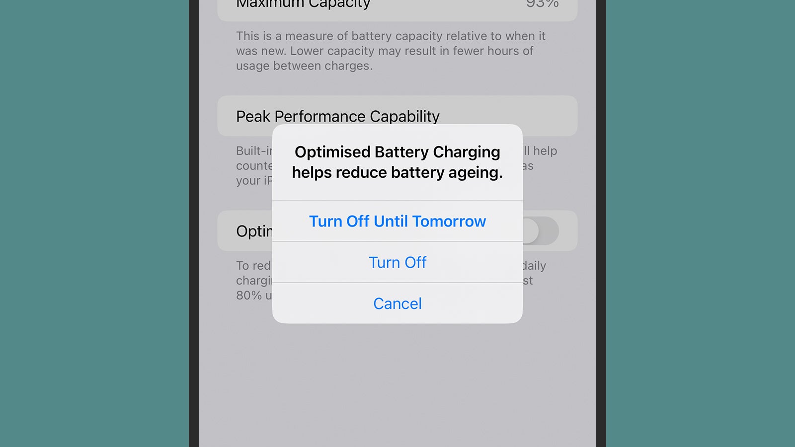 You can turn off optimised battery charging for a day or indefinitely. (Screenshot: iOS)