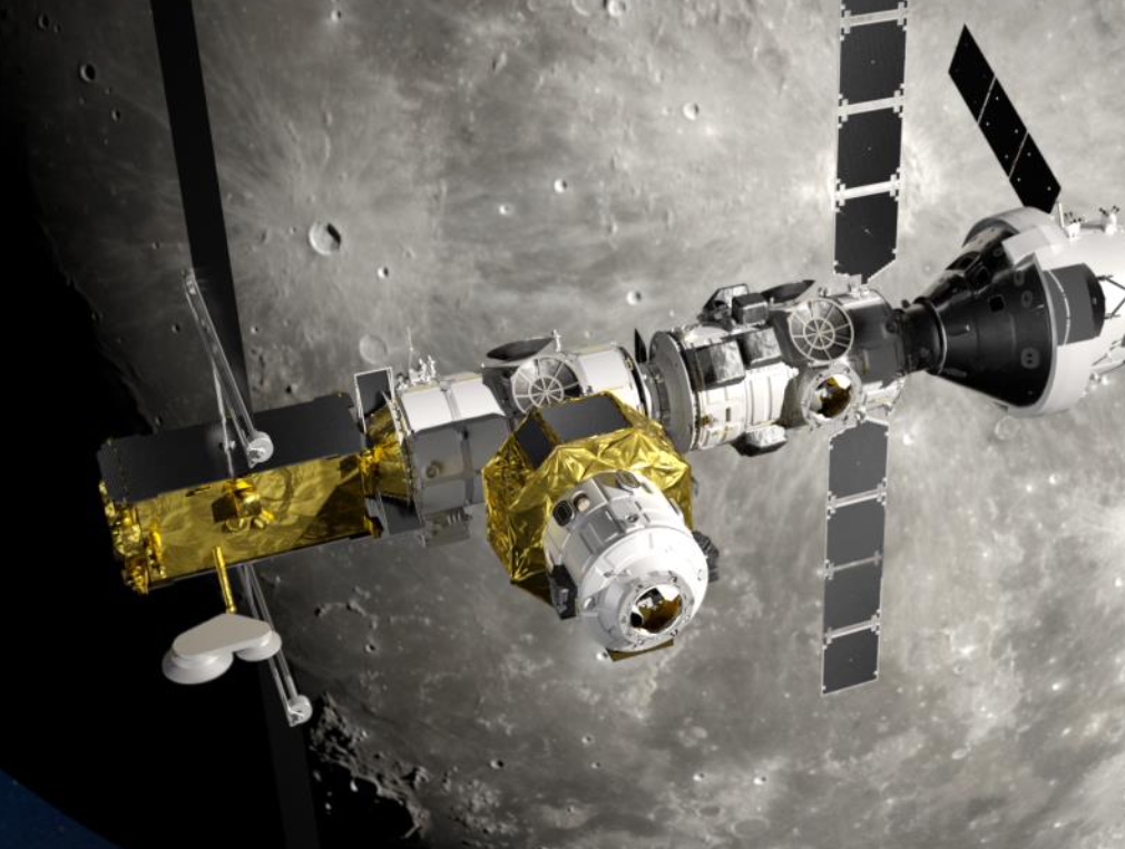 Conceptual image of the planned Lunar Gateway space station around the Moon.  (Image: Thales Alenia Space)