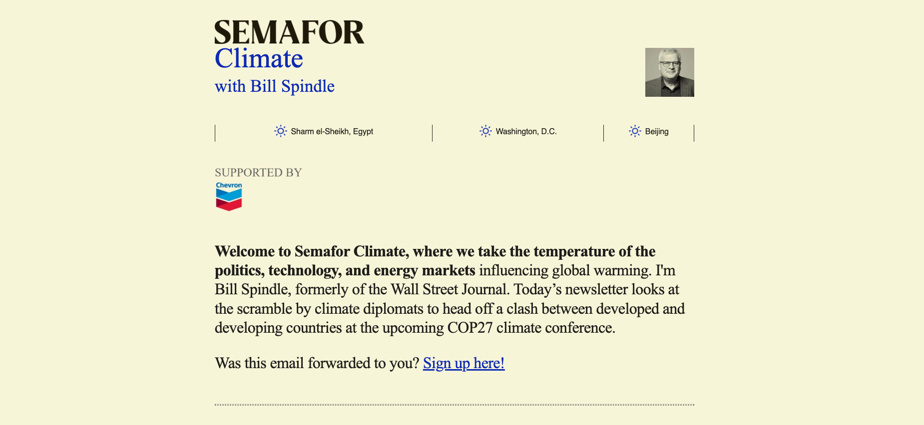 Semafor's climate newsletter launched with Chevron as a sponsor. (Screenshot: Gizmodo)