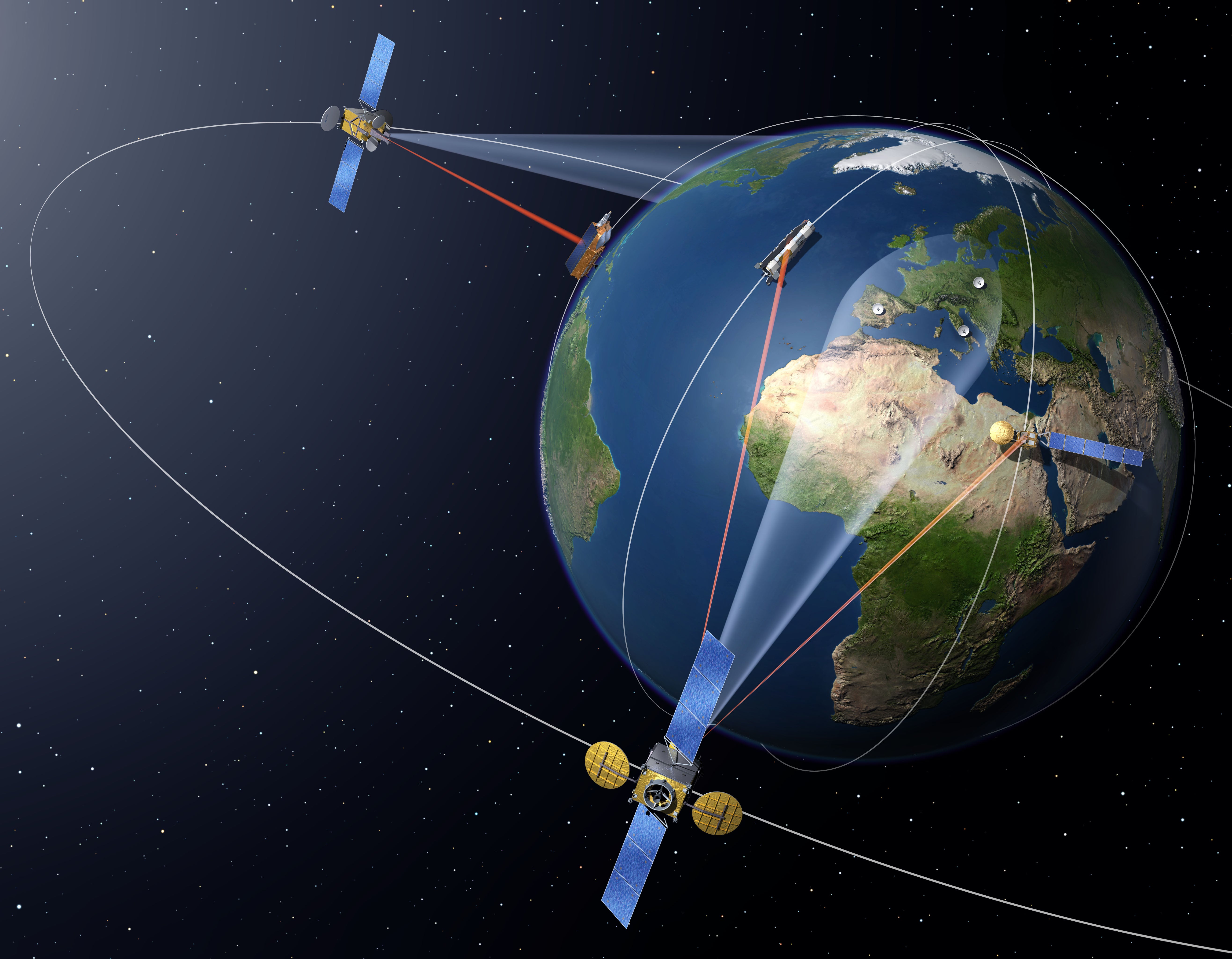 Artistic impression of European Data Relay Satellite (EDRS) system (not to scale). These satellites work in GEO and relay data to and from non-GEO satellites, spacecraft, and stations that aren't otherwise capable of constant communications.  (Image: ESA - P. Carril)