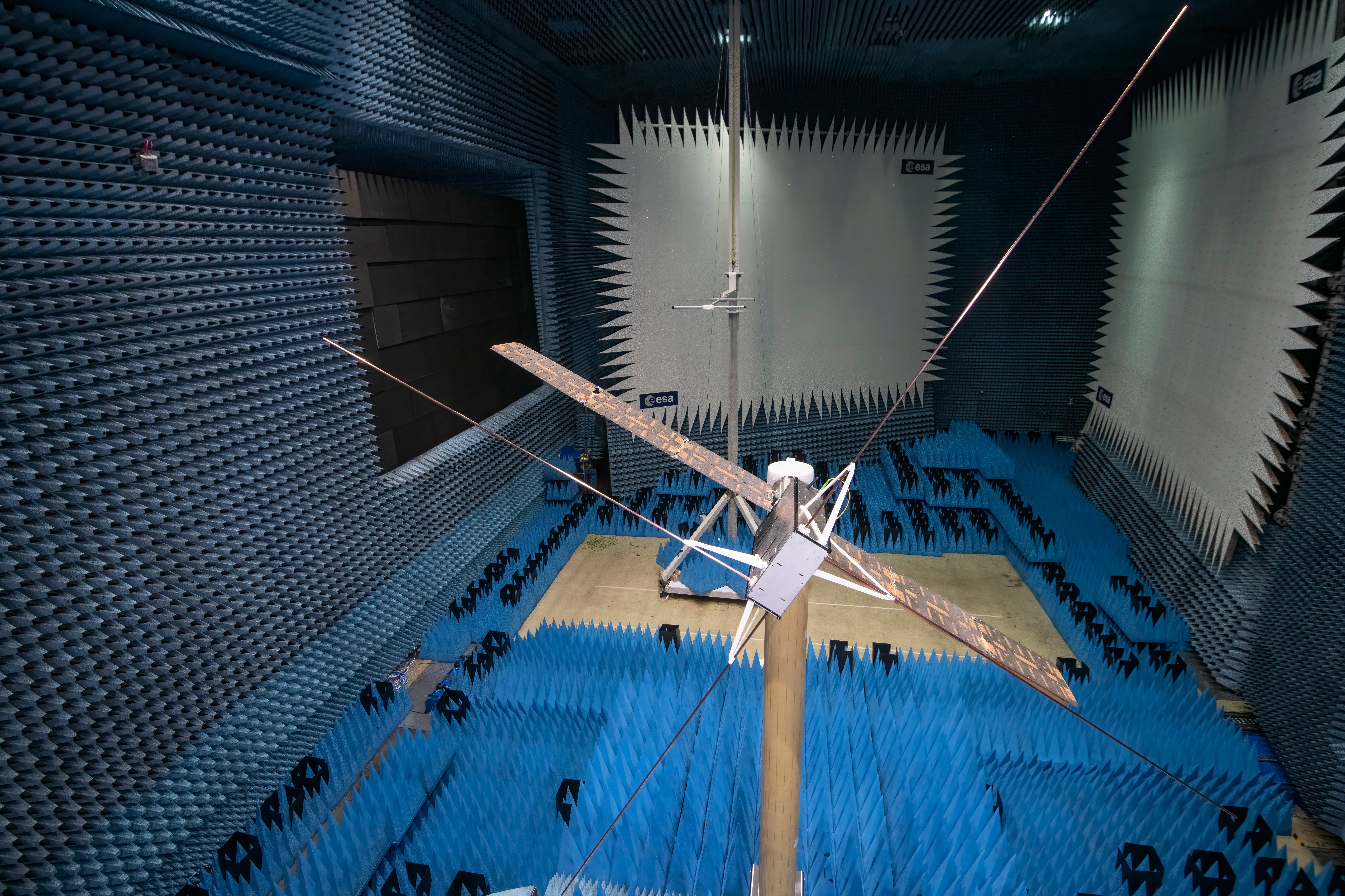 The Juventas CubeSat (and it's antenna array) being tested in November 2021. (Image: ESA-P. de Maagt)
