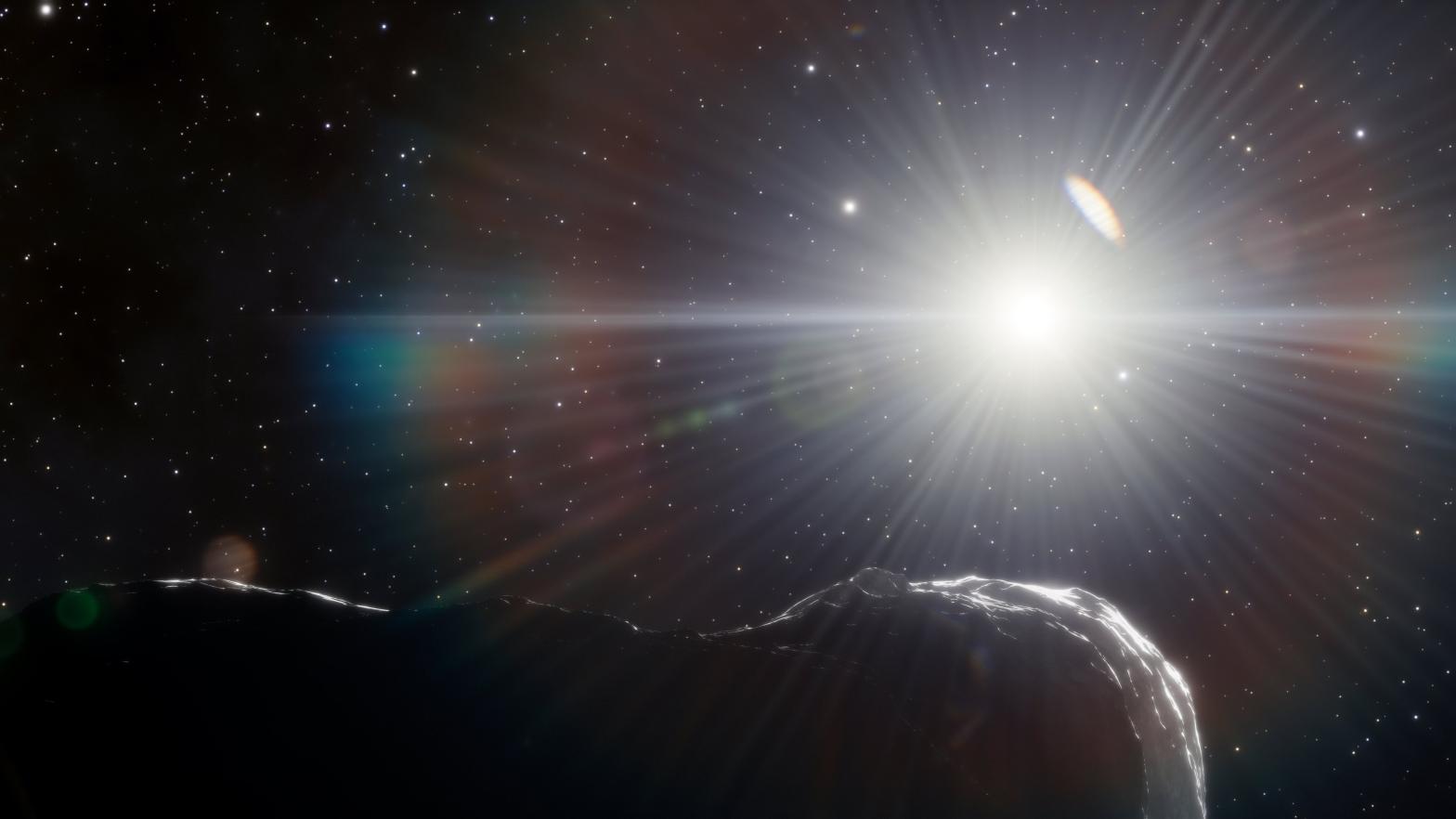 An illustration of an asteroid passing in front of the Sun. (Illustration: Credit: DOE/FNAL/DECam/CTIO/NOIRLab/NSF/AURA/J. da Silva/Spaceengine)