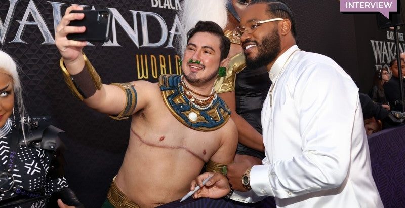Black Panther co-writer and director Ryan Coogler with a Namor cosplayer. (Image: Marvel Studios)