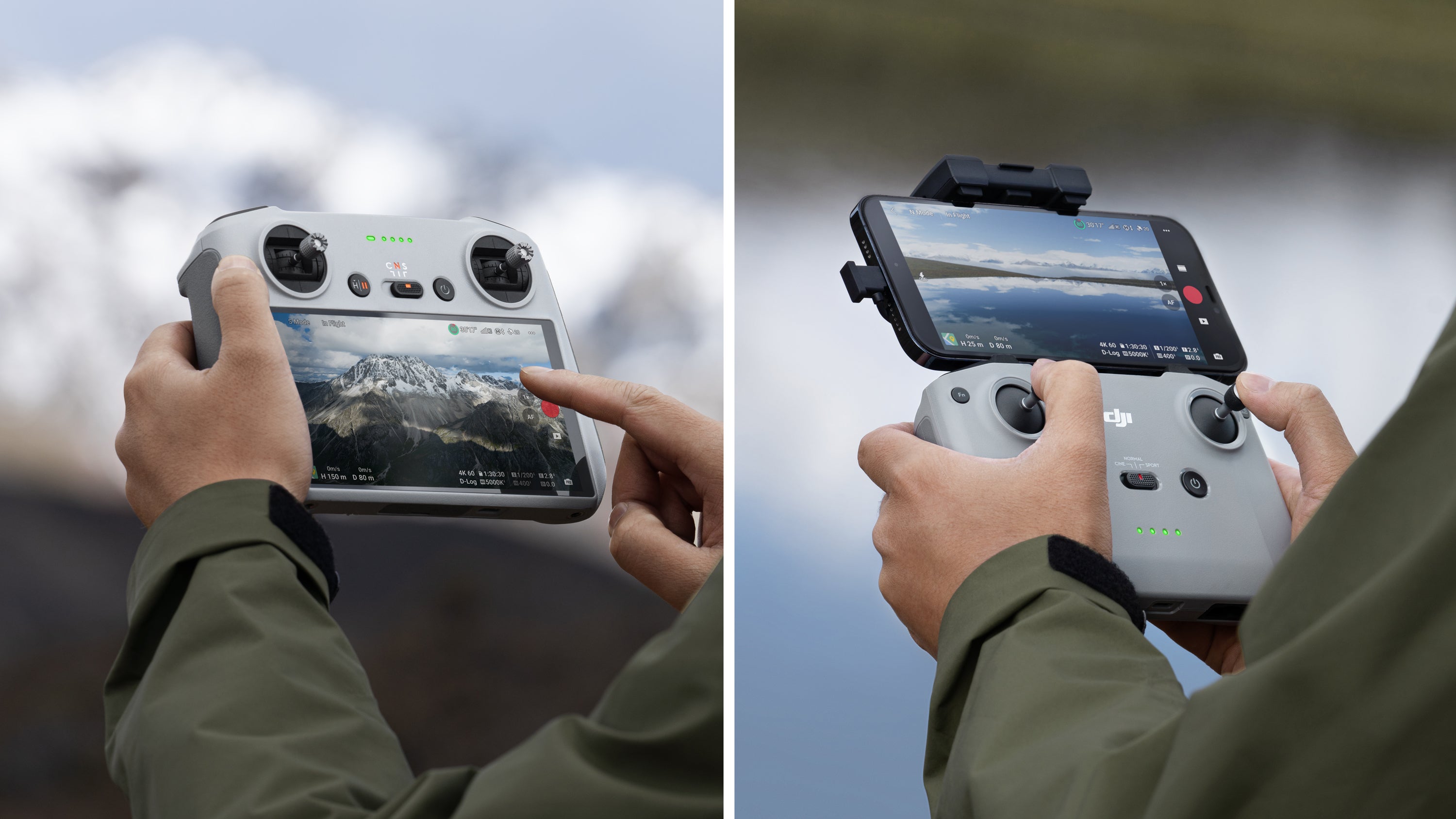The DJI Mavic 3 Classic is compatible with both the DJI RC remote controller (left) and the DJI RC-N1 remote controller (right). (Image: DJI)