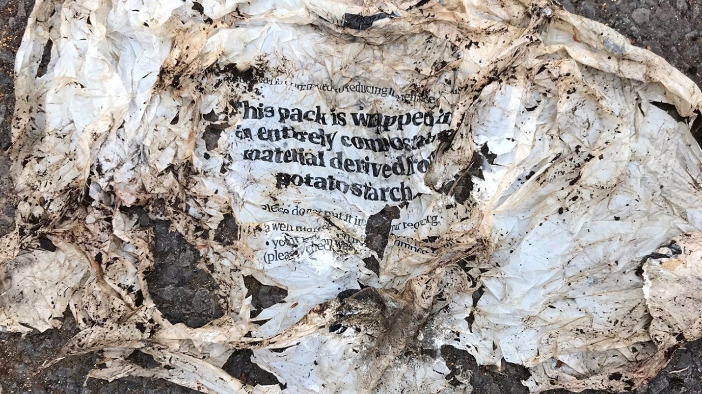 Compostable plastic that has not fully disintegrated in a compost bin.  (Photo: Citizen scientist image from www.bigcompostexperiment.org.uk)
