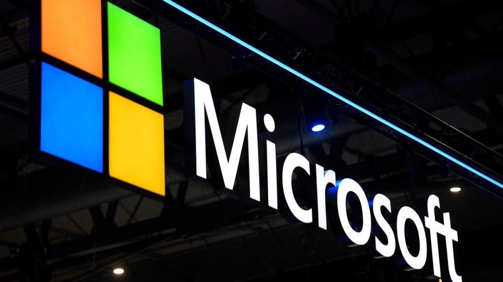 A Microsoft logo is displayed at the MWC (Mobile World Congress) in Barcelona on March 2, 2022. (Photo: JOSEP LAGO/AFP, Getty Images)