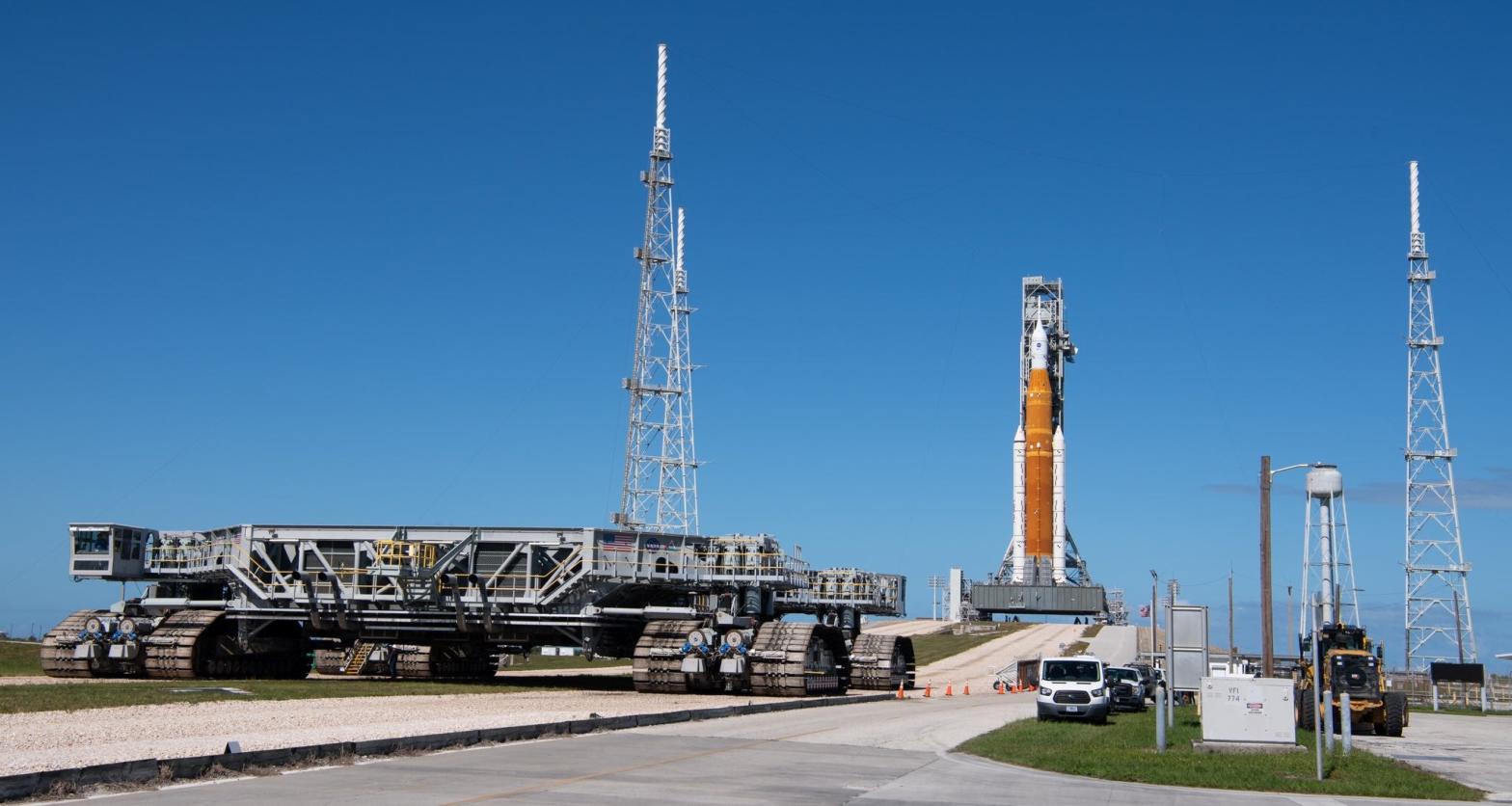 SLS at the Florida launch pad with Crawler-transporter 2 in the foreground.  (Photo: NASA)