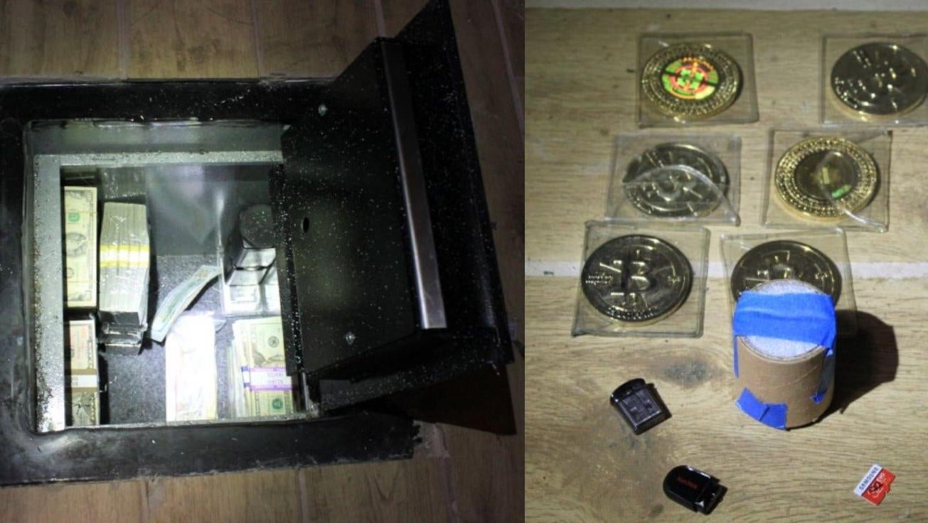 The left image shows the safe where Georgia man James Zhong allegedly hid his stolen crypto. on the right includes images of Casascius coins, a physical representation of bitcoin that represents a certain amount of real bitcoin. Prosecutors said 25 coins were seized from Zhong's home, as well as cash and the drive containing the stolen bitcoin. (Screenshot: U.S. Attorney’s Office)