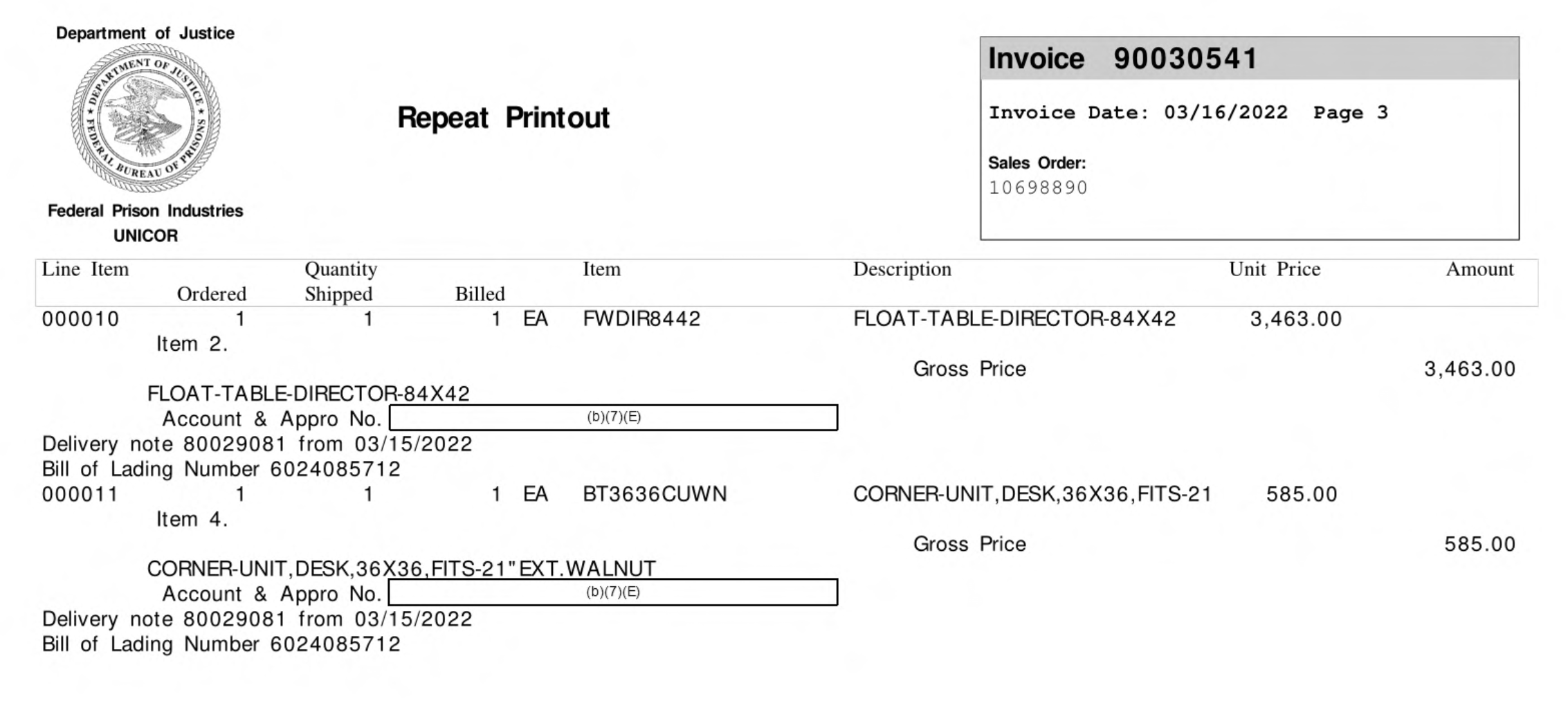 Invoice sent by Unicor to ICE for a float table and a corner desk on March 16, 2022. (Screenshot: FOIA / Gizmodo)