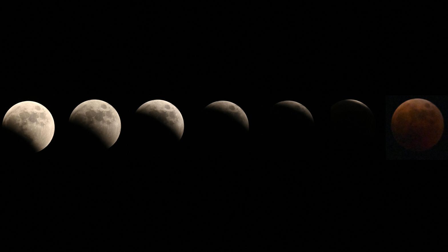 Different stages of the lunar eclipse above Tokyo, Japan combined into one image. (Image: Richard A. Brooks, Getty Images)
