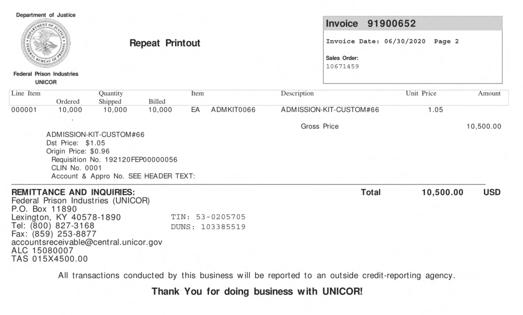 Invoice sent by Unicor to ICE for 10,000 admission kits (Screenshot: FOIA / Gizmodo)