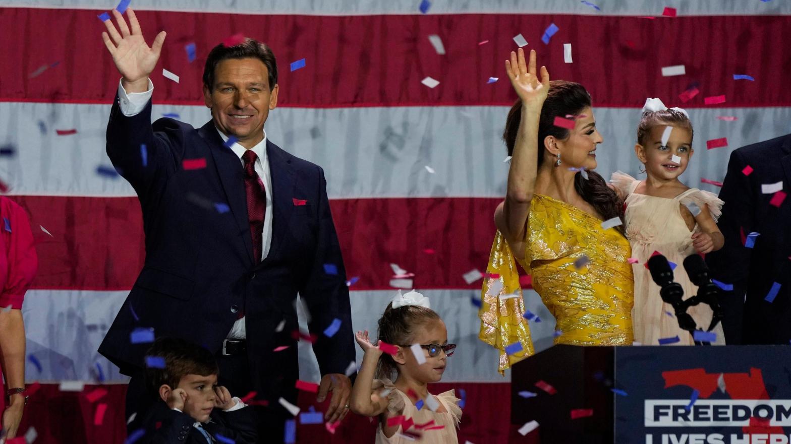 Ron DeSantis and his family after he won his bid for reelection Tuesday. (Photo: Rebecca Blackwell, AP)