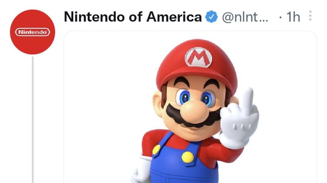 A fake Twitter account claiming to be Nintendo of America, verified under the platform's new $US8 ($11) blue checkmark, showed an image of the company's main mascot giving the middle finger. (Screenshot: Twitter)