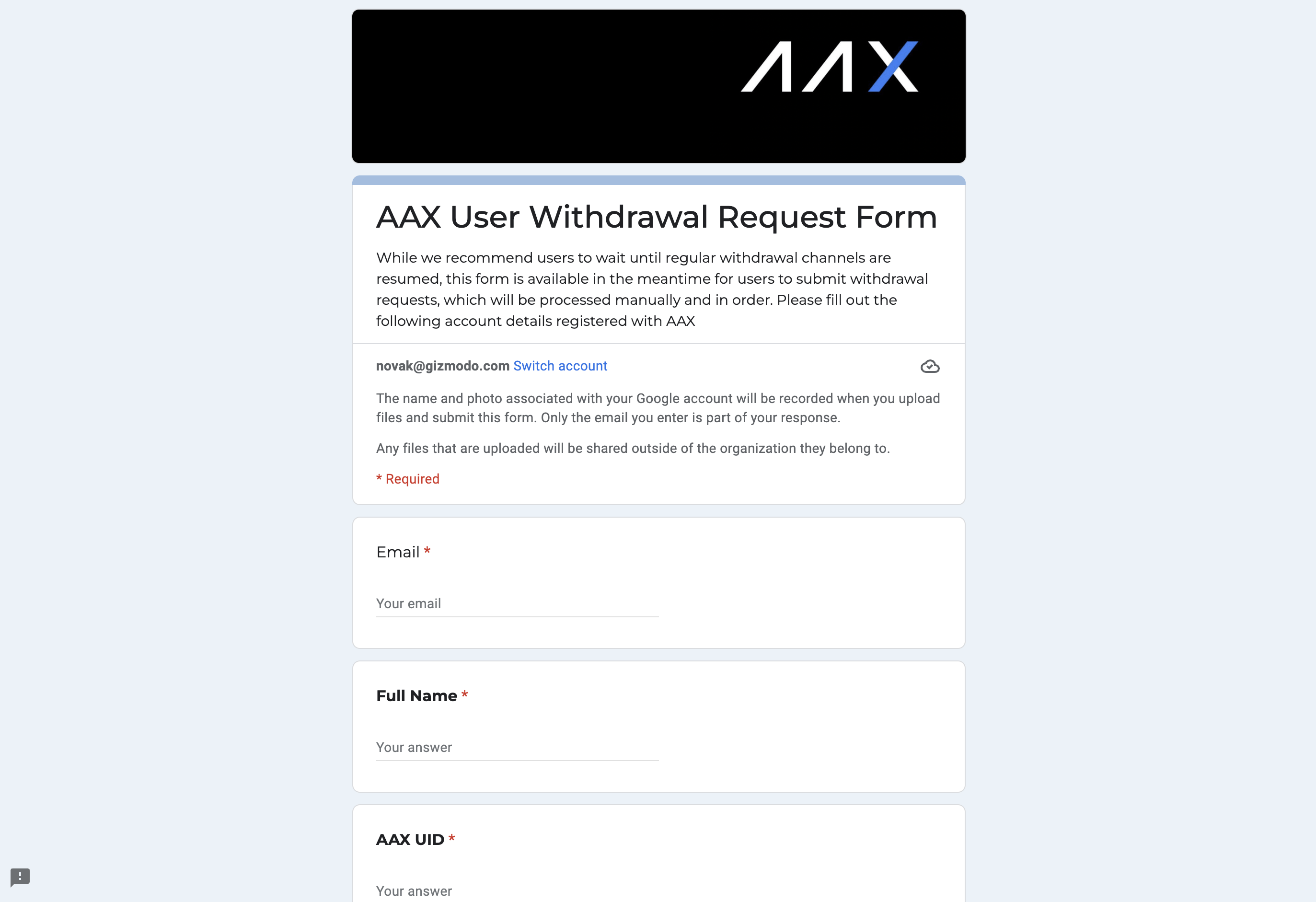 The Google form that AAX users currently need to use to request a withdrawal of funds from the crypto company. (Screenshot: AAX)