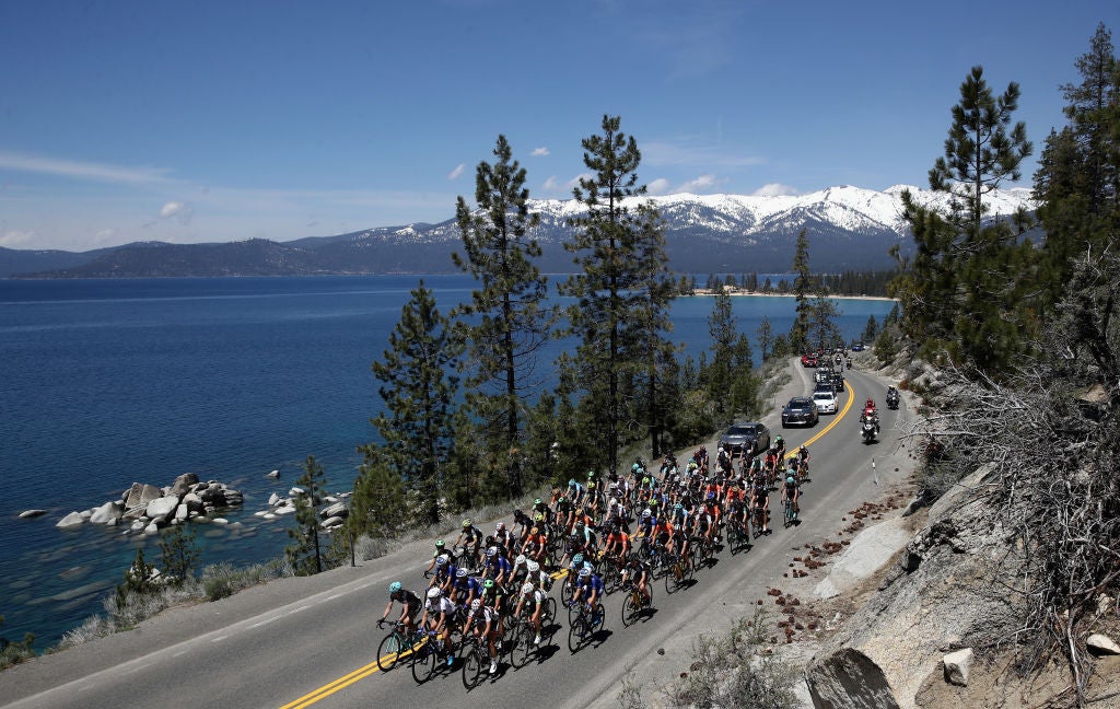 The peloton rides around Lake Tahoe during Stage 1 of the Amgen Breakaway From Heart Disease Women's Race empowered with SRAM on May 11, 2017 in Lake Tahoe, California.  (Photo: Ezra Shaw, Getty Images)