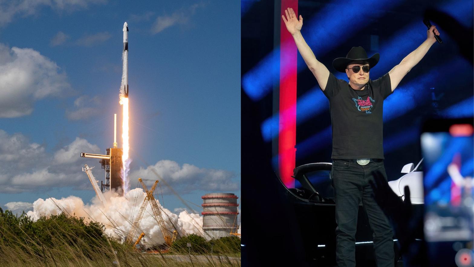 SpaceX's Falcon 9 rocket launching from Cape Canaveral, and Elon Musk looking his best.  (Image: Getty Images / Shutterstock / Gizmodo)