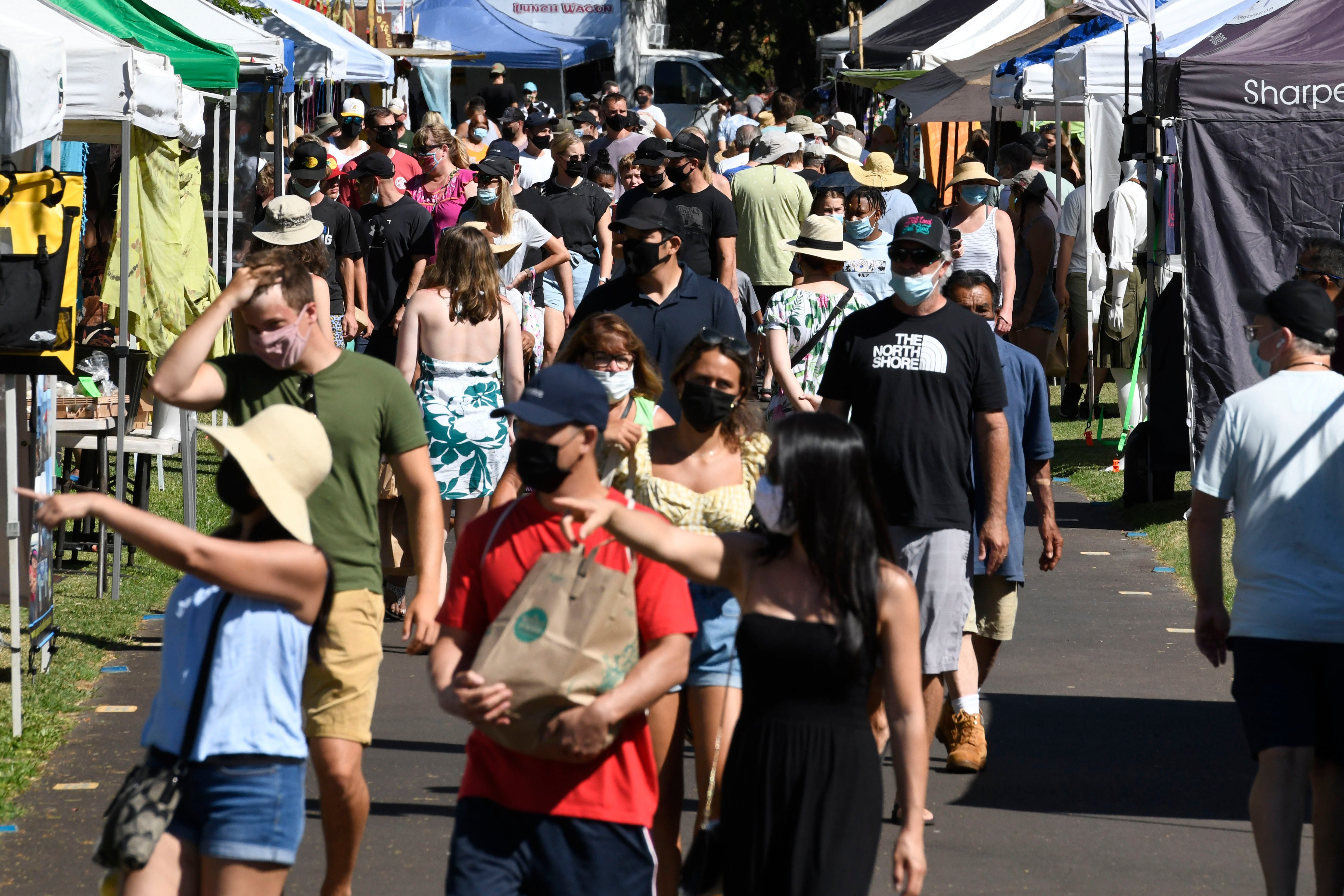 The Maui Swap Meet is jammed in its second week after reopening at the University of Hawaii Maui College in Kahului, Hawaii, Saturday, June 19, 2021. The Hawaiian island of Maui has become so overrun with tourists in recent months that its mayor is taking the unusual step of pleading with airlines to fly in fewer people. (Photo: Matthew Thayer/The Maui News, AP)