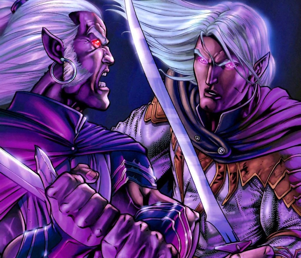 Drizzt battles Zaknafein on the cover of The Legend of Drizzt: Homeland #2 comic by Tim Seeley. (Image: Devil’s DuePublishing/Wizards of the Coast)
