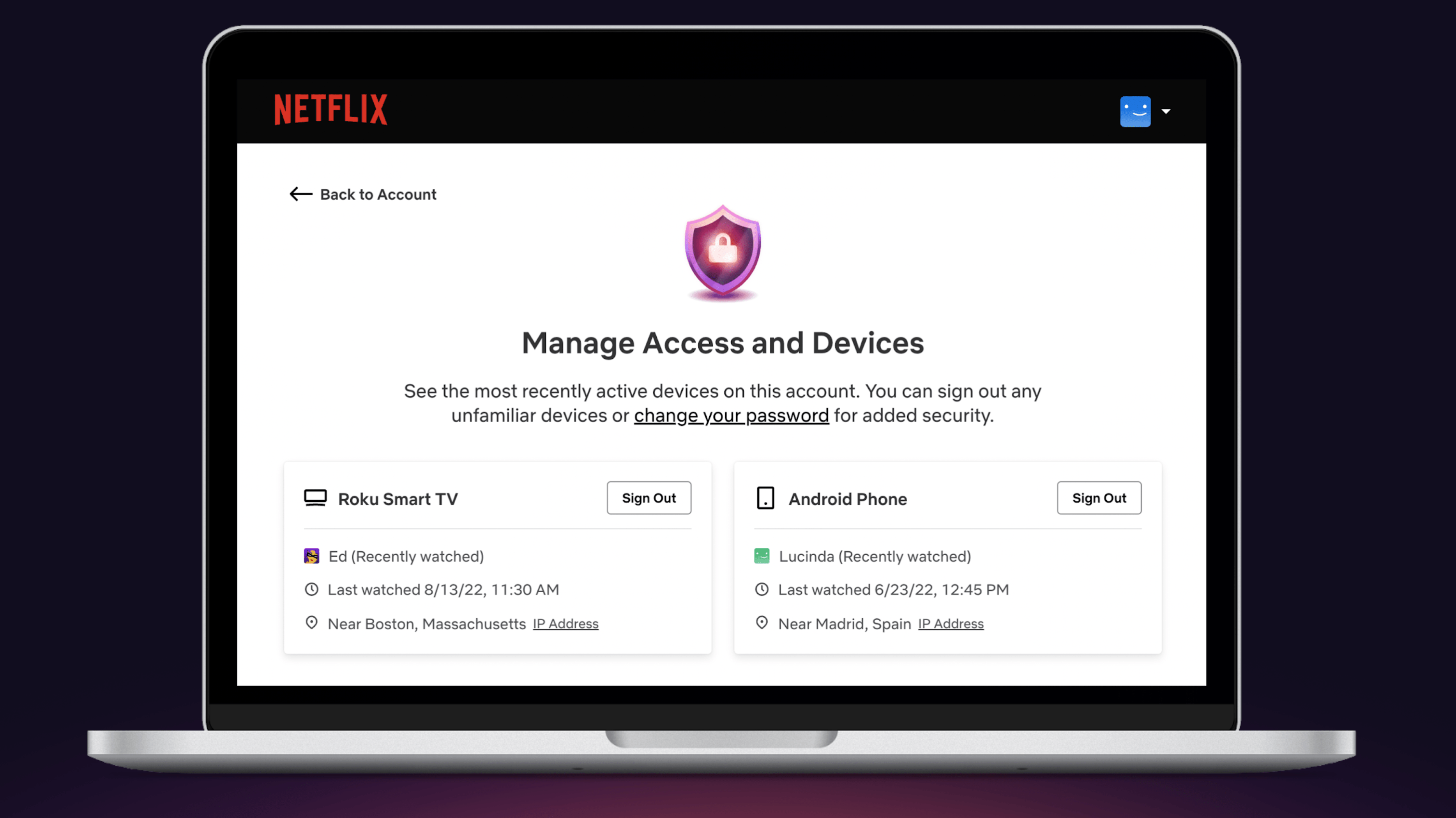 Netflix showed how users can sign out other profiles on select devices, which may be a first step for how the company plans to introduce password sharing restrictions. (Image: Netflix)