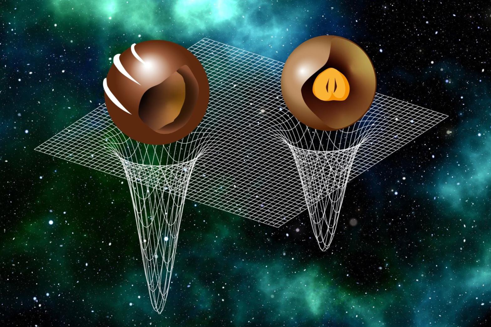 An illustration showing the internal workings of heavier (left) and lighter (right) neutron stars, imagined as pralines. (Illustration: Peter Kiefer & Luciano Rezzolla)