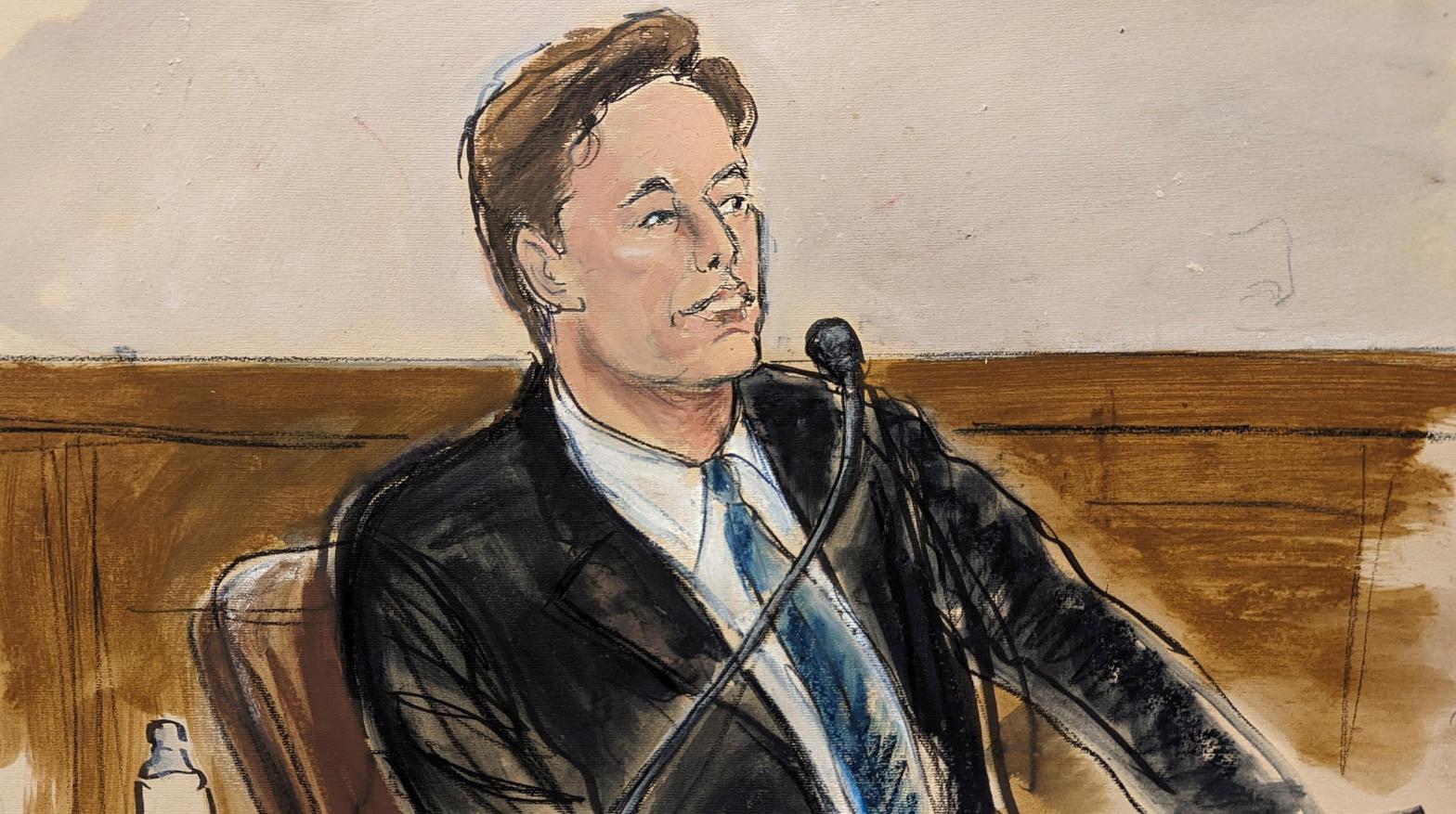 A courtroom sketch of Elon Musk as he worked to defend his $US56 ($78) billion pay package he received from Tesla back in 2018. (Illustration: Elizabeth Williams, AP)