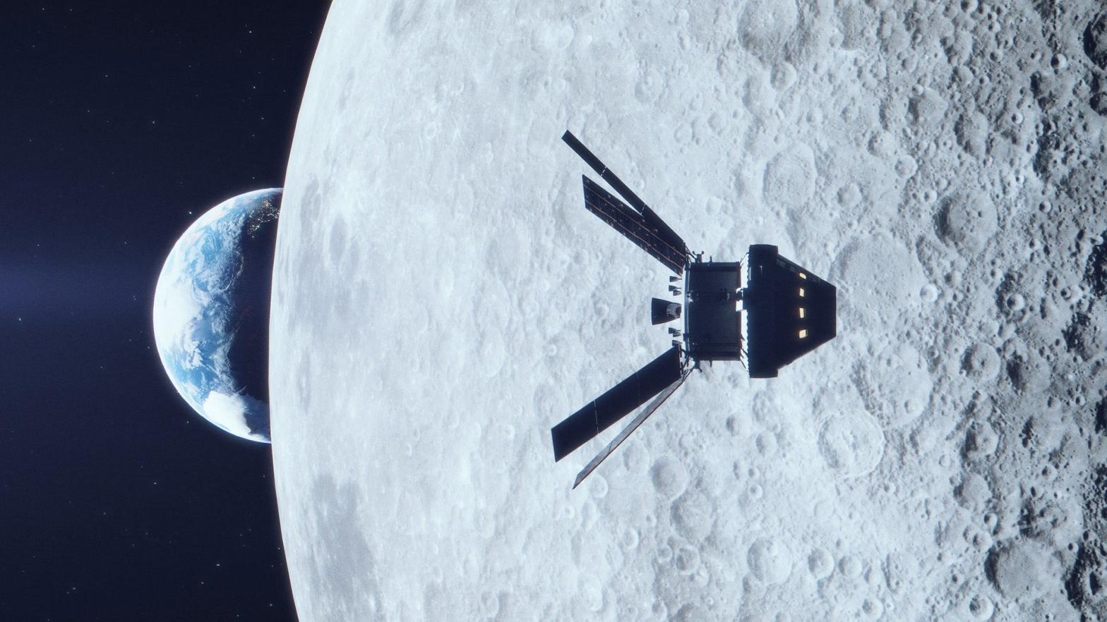 Artist's depiction of Orion travelling past the Moon, with an Earthrise in the background.  (Illustration: NASA)