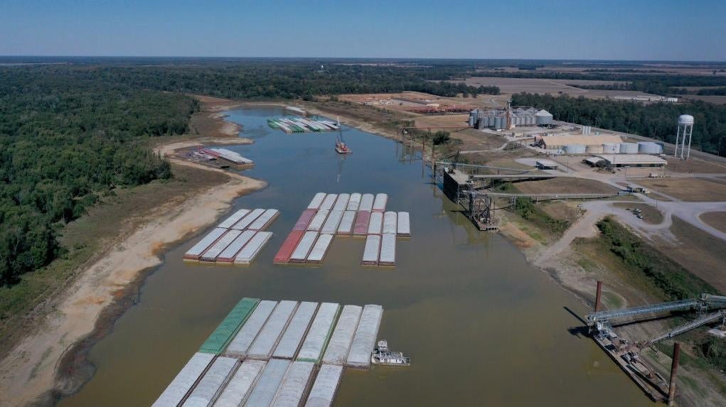 In this aerial view, barges, stranded by low water sit at the Port of Rosedale along the Mississippi River on October 20, 2022 in Rosedale, Mississippi. The lion fossil was found in the Rosedale area in October.  (Photo: Scott Olson, Getty Images)