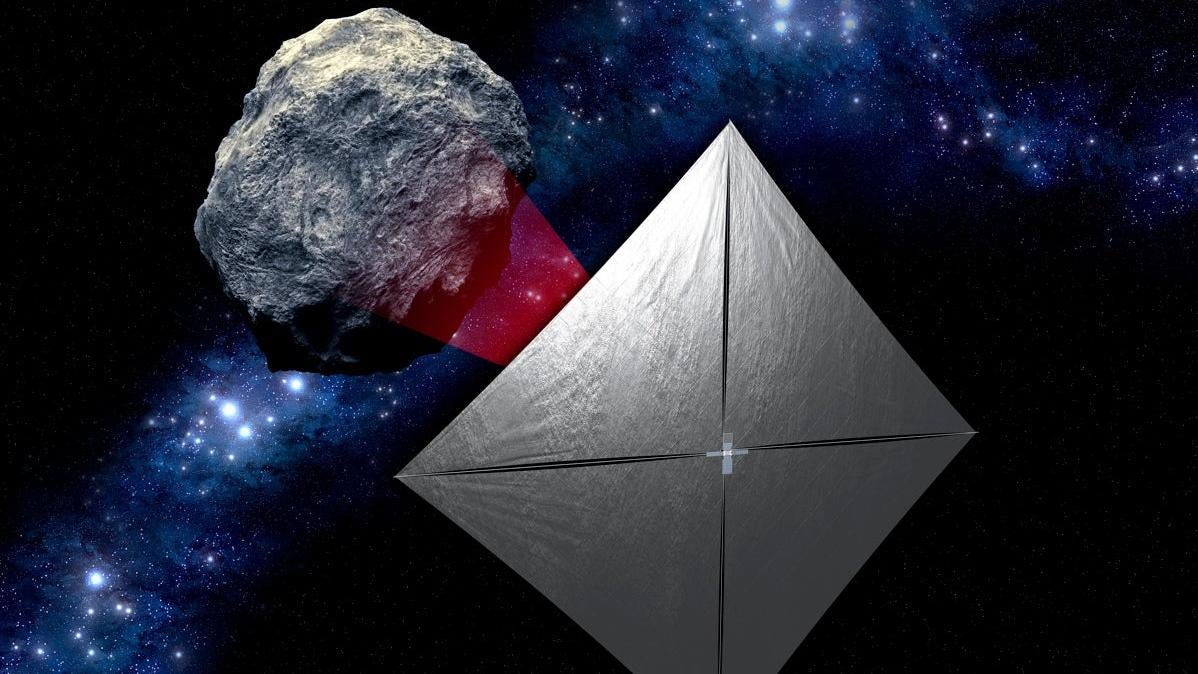 The Near-Earth Asteroid Scout (NEA Scout) mission is designed to use a solar sail to fly by an asteroid and gather images.  (Illustration: NASA)