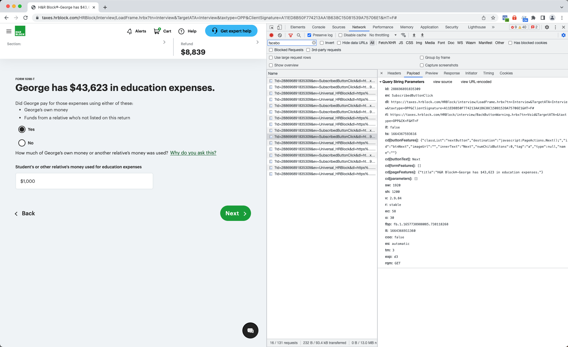 A screenshot provided by The Markup on their Github account showing the data chain being sent to Meta via Meta Pixel (Screenshot: The Markup)