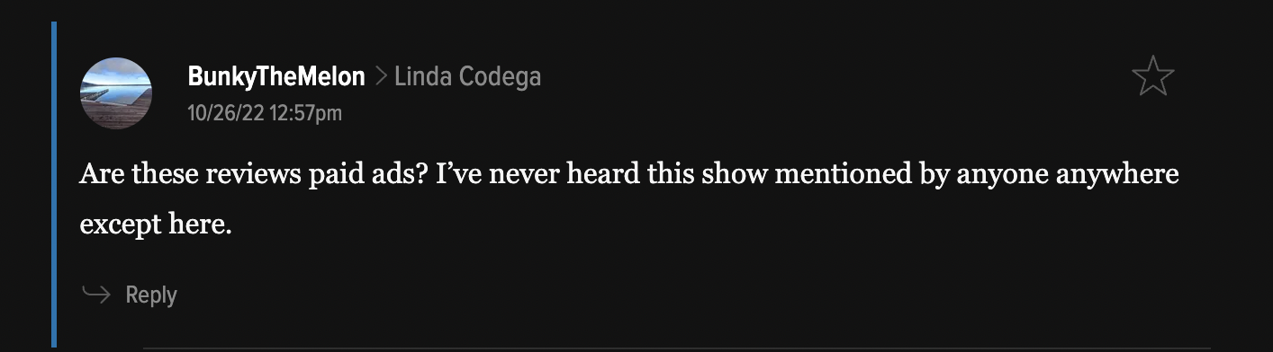 A comment on an article about Interview With the Vampire, a show I am absolutely obsessed with (Screenshot: Gizmodo)
