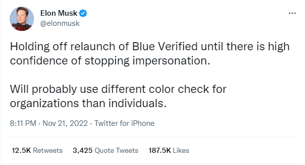 Elon Musk Delays $8 Blue Check Twitter Verification Again, This Time Indefinitely