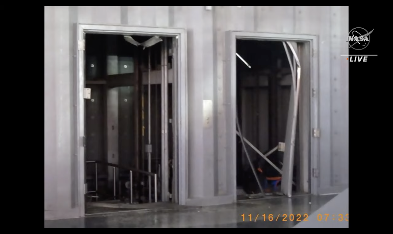 The tower's elevator doors were blasted clean off.  (Screenshot: NASA TV)