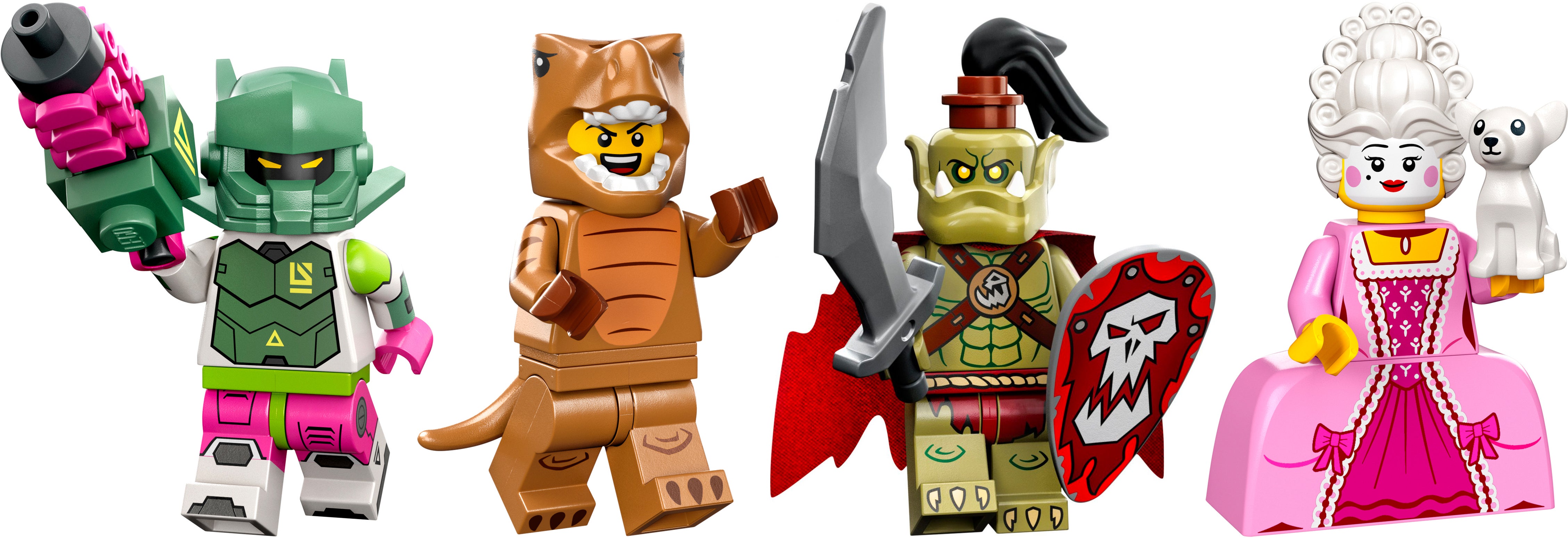 From left to right it's a Lego Robot Warrior, T-Rex Costume Fan, Orc, and Rococo Aristocrat. (Image: Lego)