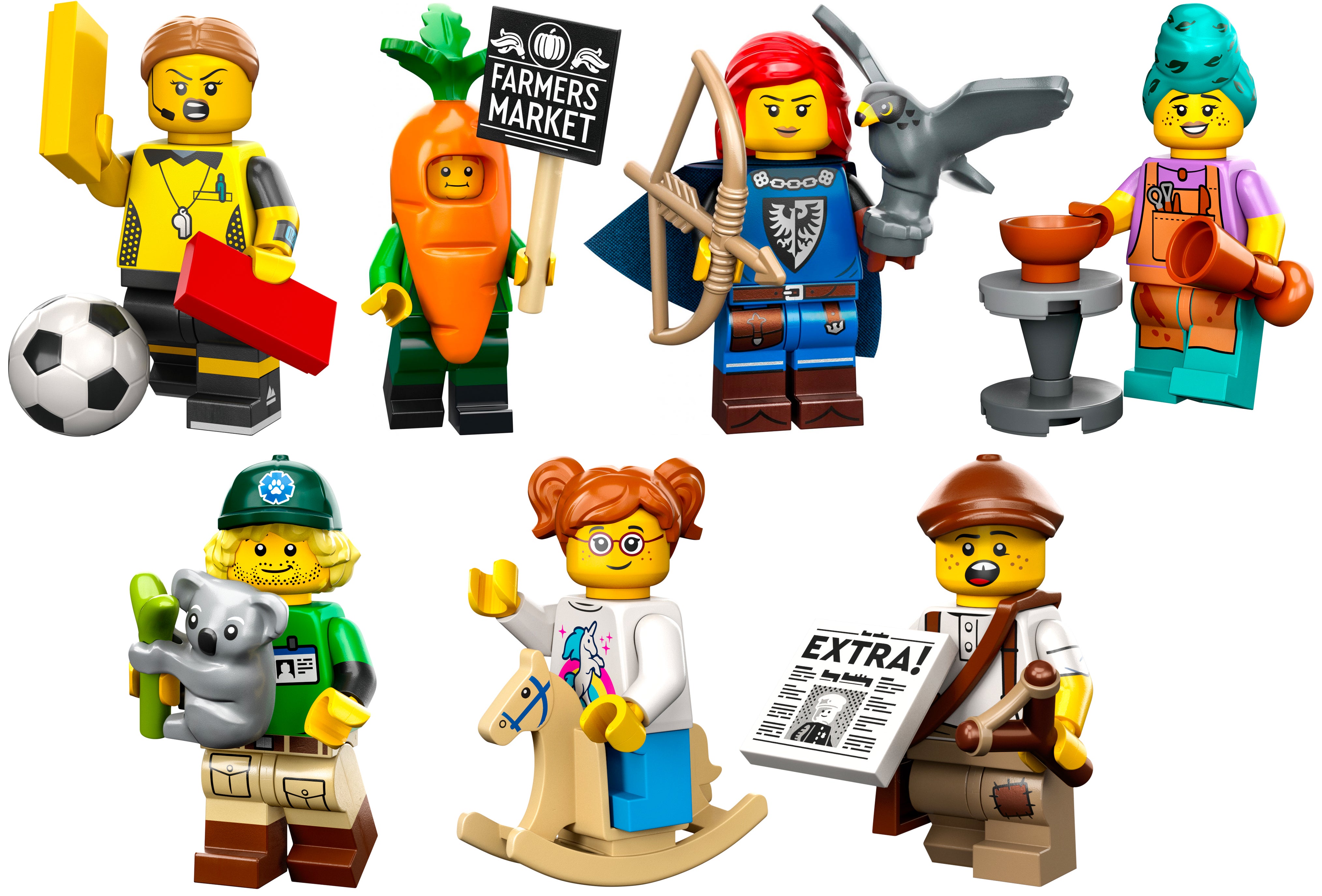 From left to right and top to bottom it's a Lego Football Referee, Carrot Mascot, Falconer, Potter, Conservationist, Rockin' Horse Rider, and Newspaper Kid. (Image: Lego)